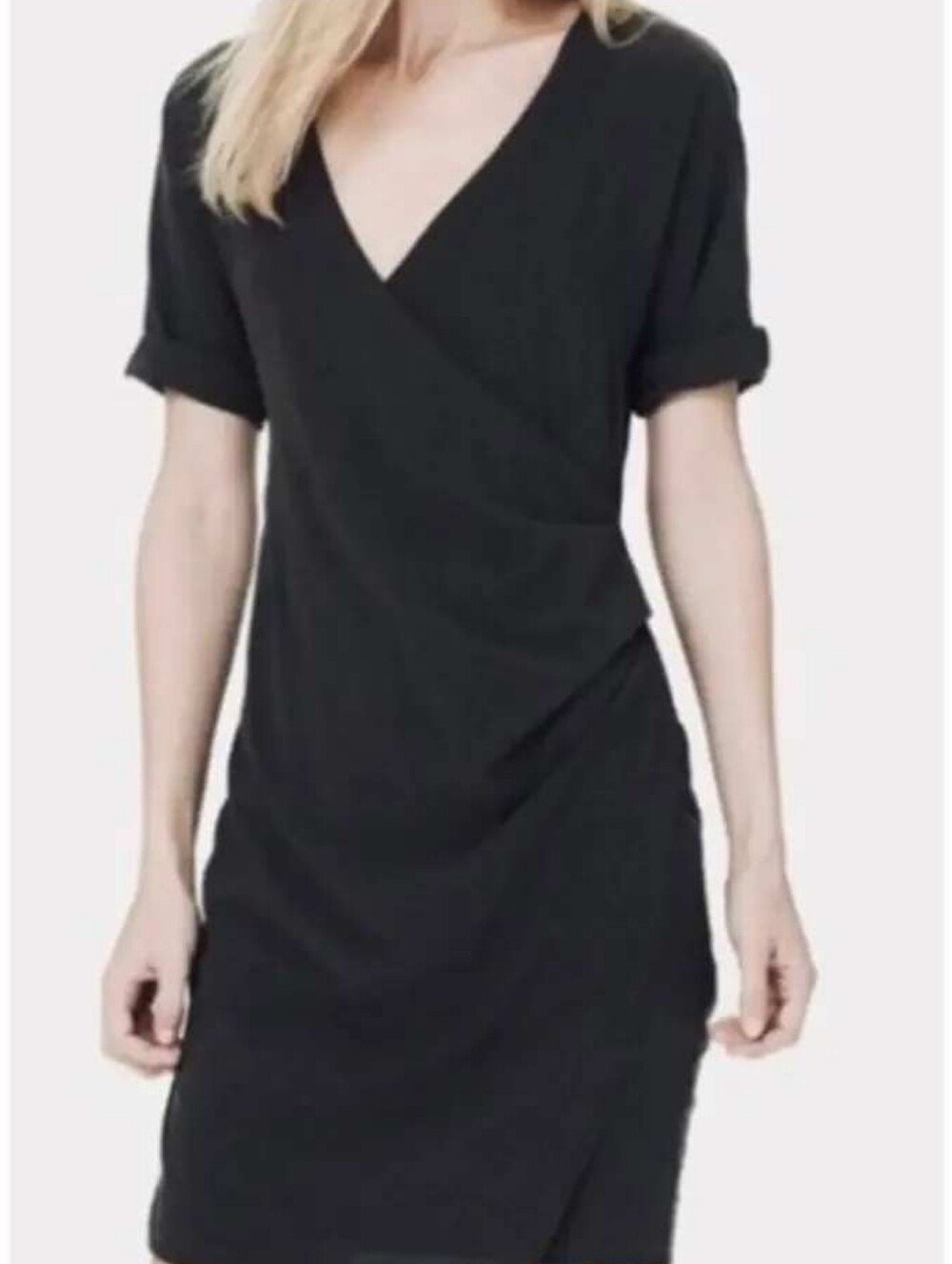 James Perse Short Sleeve Faux Wrap Gathered Twist Waist Ruched Dress Black 4 XL